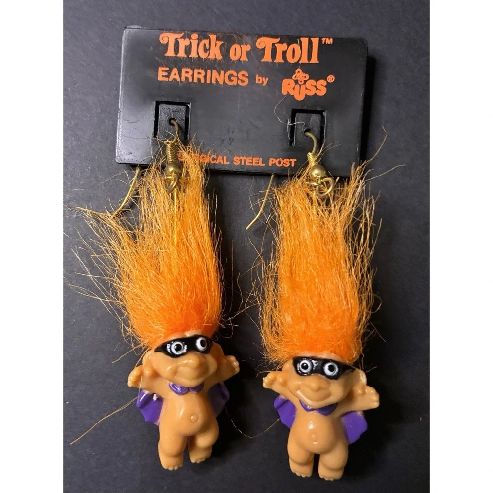 VTG Halloween Troll Doll Earrings RUSS Cape Mask Hero Pierced Dangle y2k